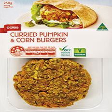 1 packet of Coles curried pumpkin and corn burgers